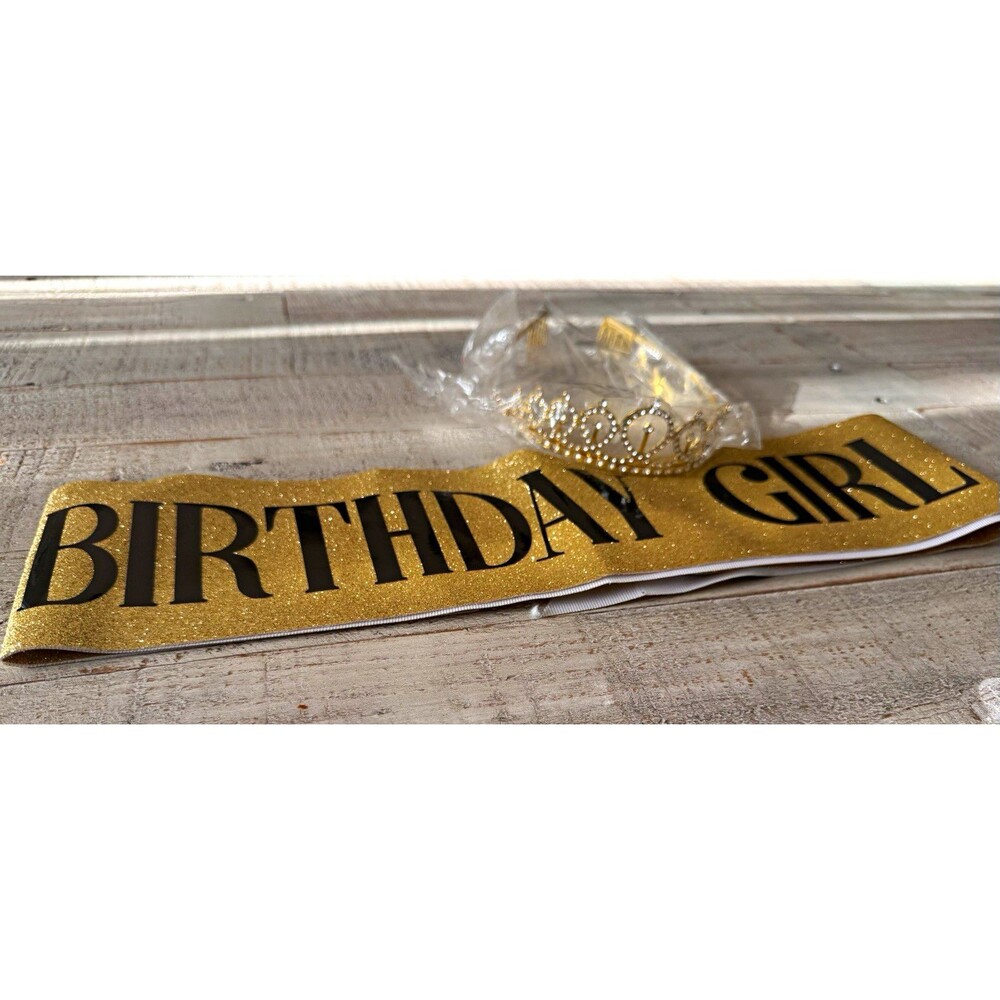 Gold "Birthday Girl" Sash & Rhinestone Tiara Crown Set for Girls